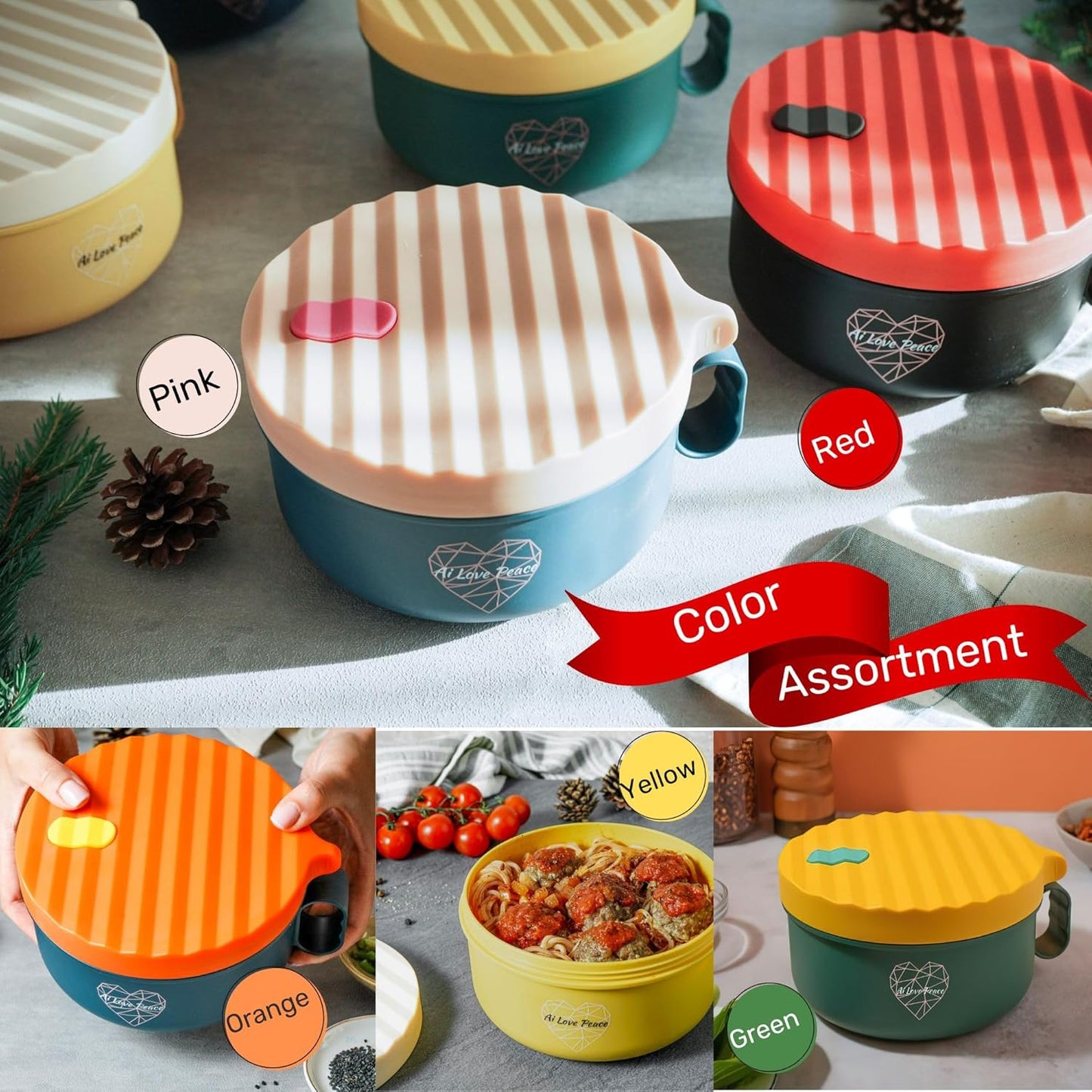 AI LOVE PEACE Ramen Bowl, Large 40 oz Microwave Ramen Cooker, Portable Noodle Bowl for Home Office Dorm Room