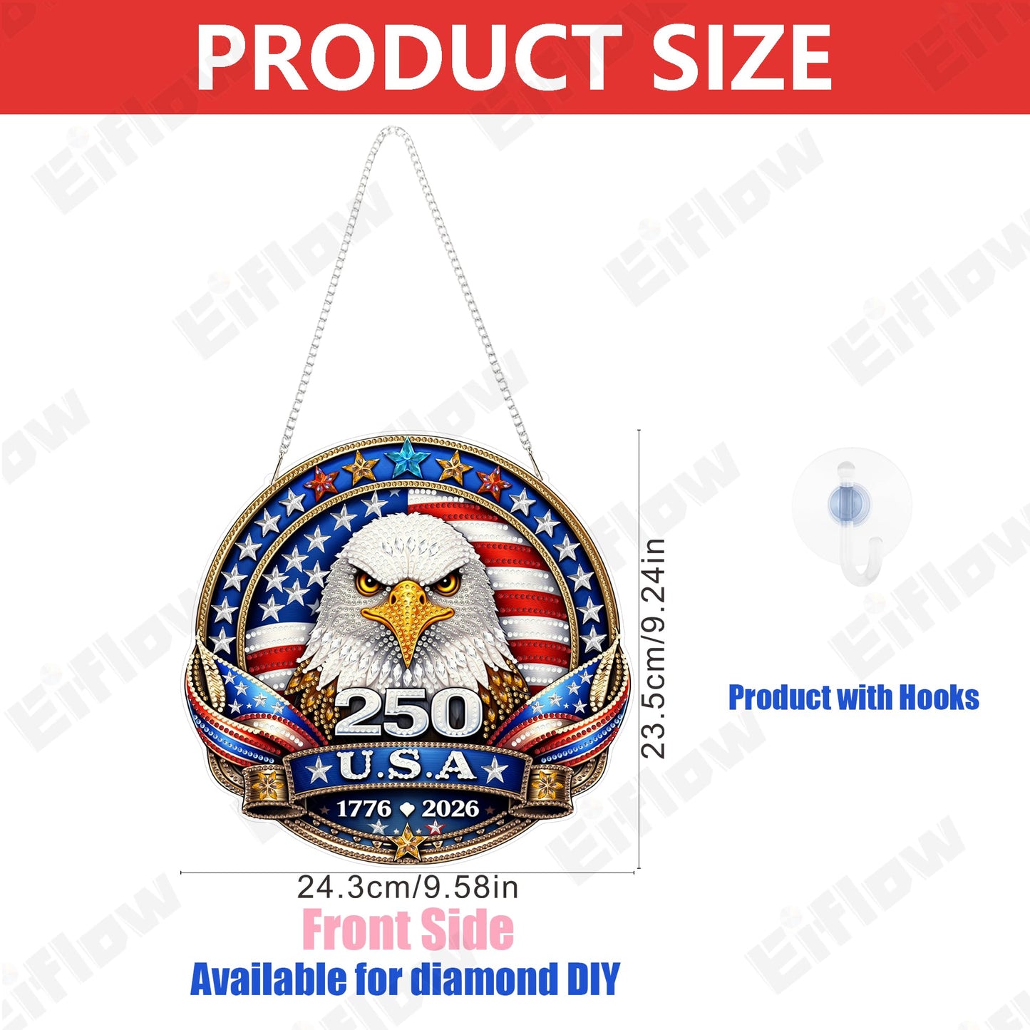 Eiflow 250 Years Anniversary USA Diamond Art Hanging Kit for Adults, DIY Patriotic Diamonds Painting Door Hanger Board Kit, Crystal Diamond Art Painting Pendant Ornament (4th of July Eagle Badge)