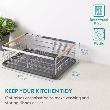 Navaris Compact Dish Rack with Drip Tray & Cutlery Holder, Easy to Assemble and Clean, Silver