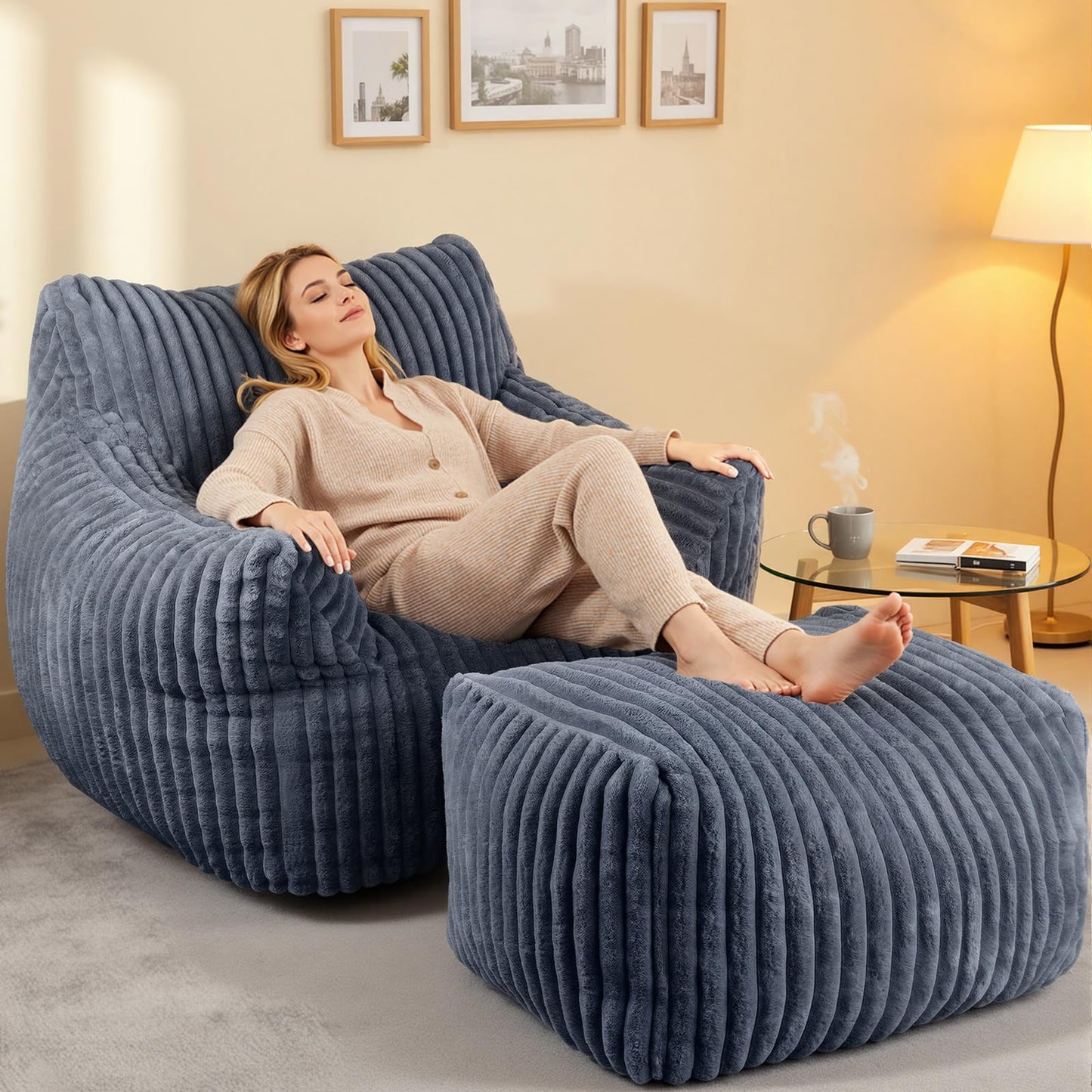 HarborHue Giant Bean Bag Chair with Ottoman, Oversized Memory Foam Bean Bag Sofa for Adults and Kids, Large Comfy Fluffy Single Lounges Mini Couch for Living Room, Bedroom & Dorm(Gray)