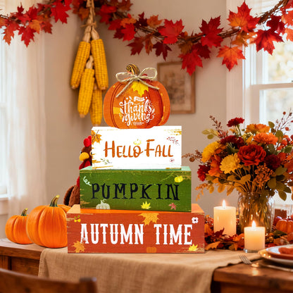 4 Pcs Fall Thanksgiving Decorations for Home,Wooden Pumpkin Signs with Sayings Hello Fall Maple Leaf Block Signs Tiered Tray Tabletop Decor Thanksgiving Decor Indoor for Office Farmhouse Home Kitchen