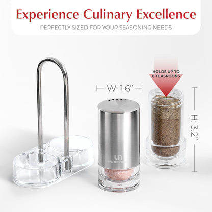 Salt and Pepper Shakers with Holder - Elegant Stainless Steel Salt Shaker and Pepper Shaker Set with Acrylic Holder for Kitchen Counter or Restaurant Table