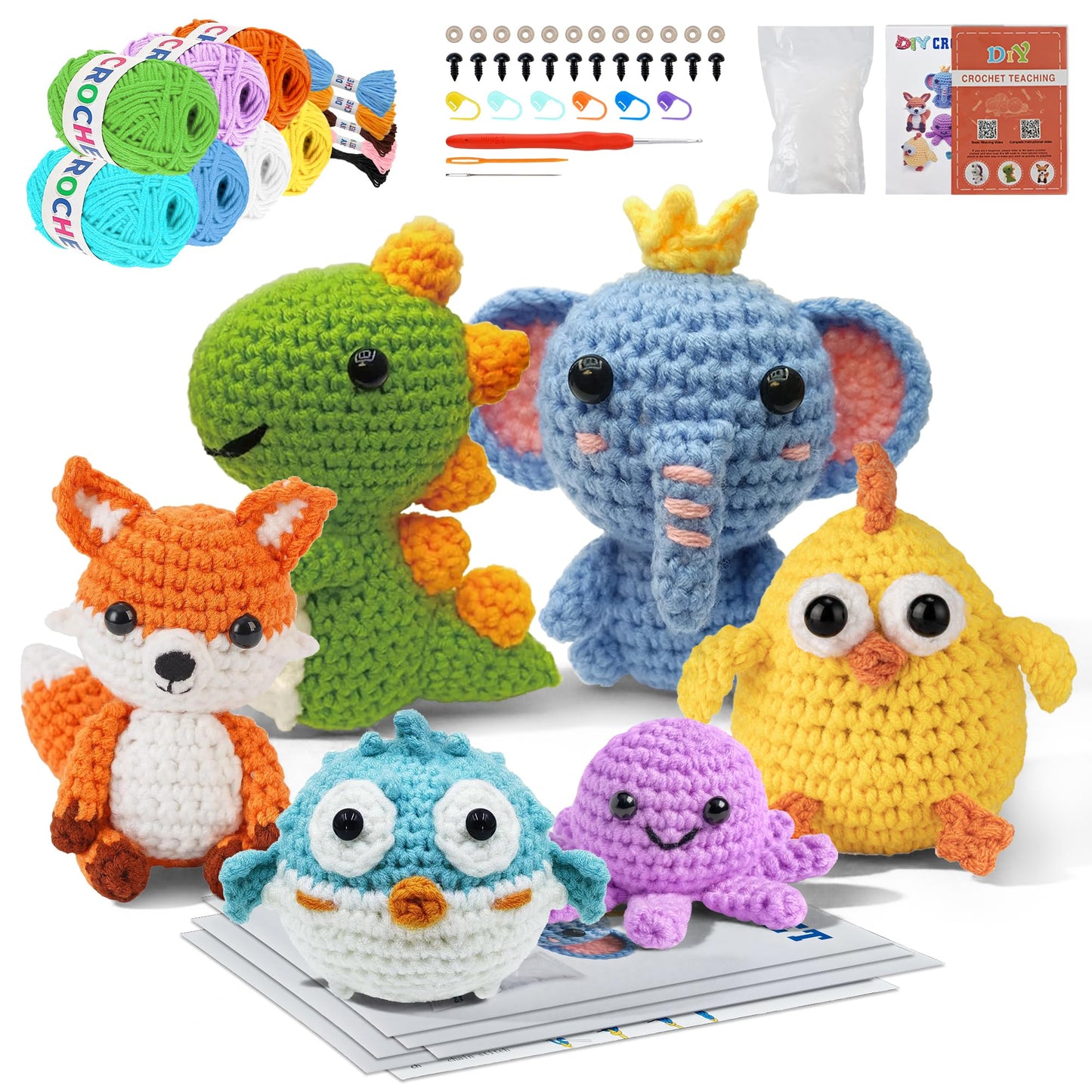 Allaugh Crochet Kit for Beginners Kids: 6pcs Cute Animal Crochet Set Knitting Gift for 8-12 Year Old - Easy to Learn with Step-by-Step Video Tutorials Hook Yarn for Crocheting - DIY Birthday Presents