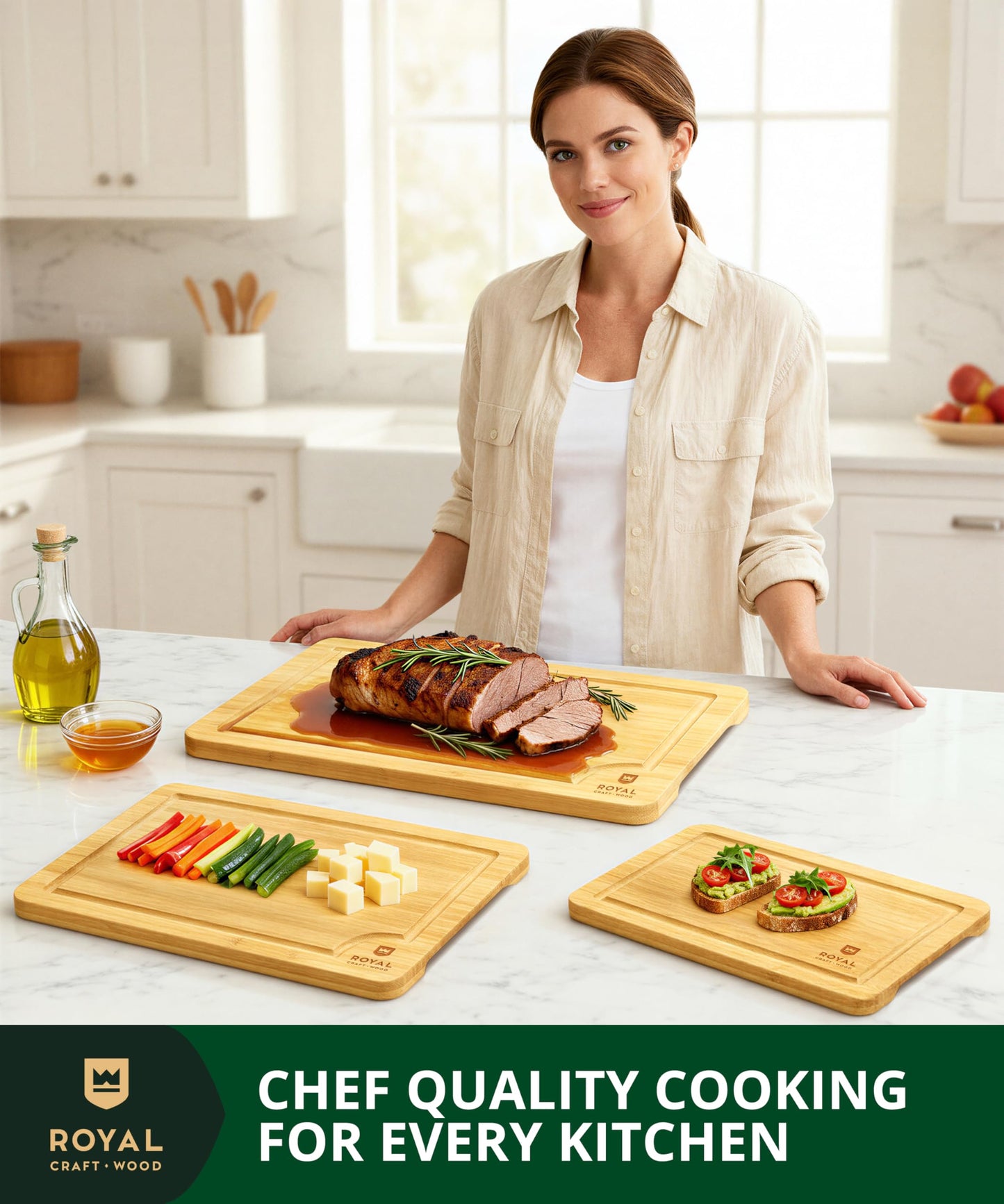 ROYAL CRAFT WOOD Wooden Cutting Boards for Kitchen Meal Prep & Serving - Bamboo Wood Serving Board Set with Deep Juice Groove Side Handles - Charcuterie & Chopping Butcher Block for Meat