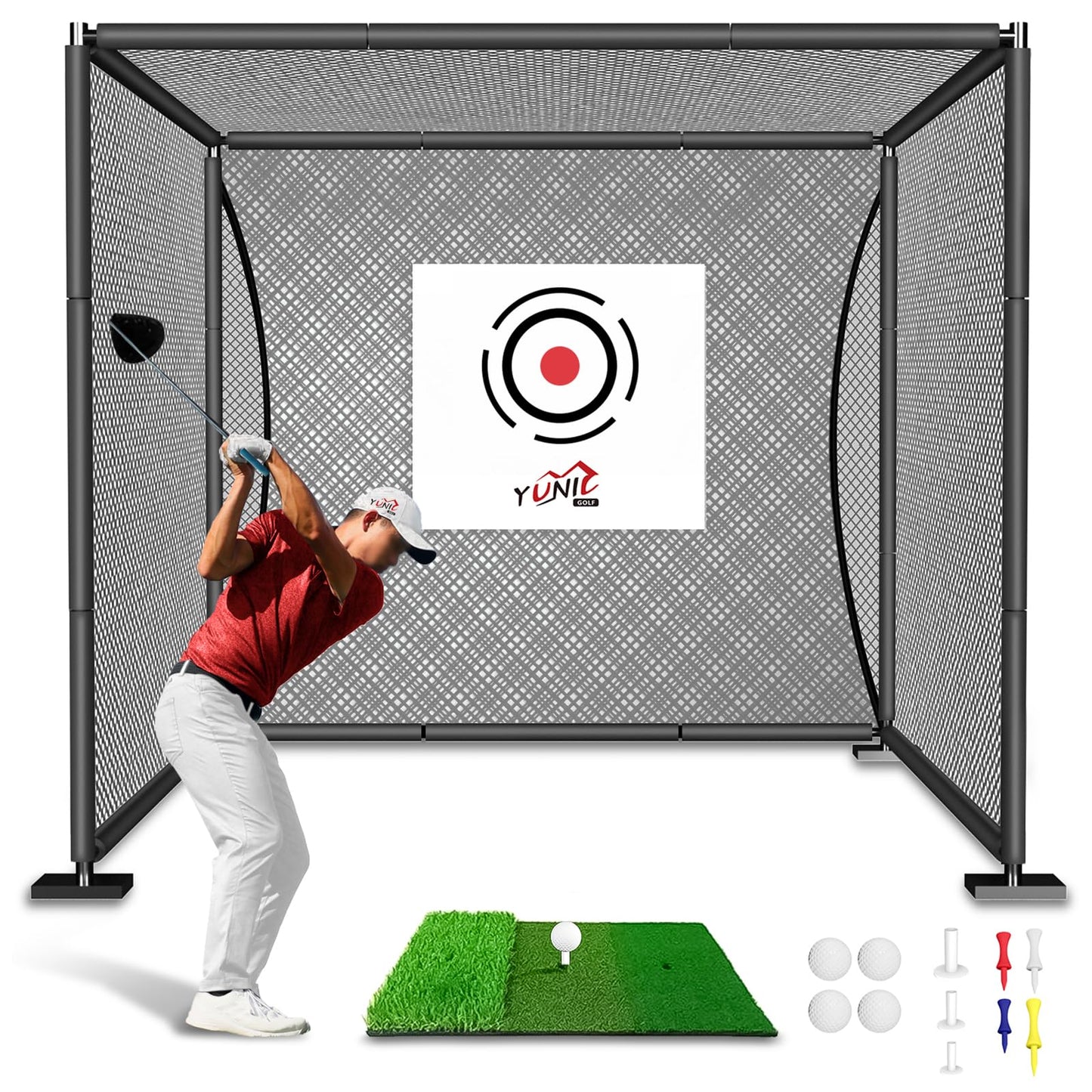 YUNIC Golf Driving Cage with Steel Frame, Golf Nets for Backyard Driving for Full Swing and Chipping Practice Indoor Outdoor (Black, 8'(W) x8'(H) x5'(D))