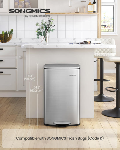SONGMICS 13 Gallon (50 L) Trash Can, Stainless Steel Kitchen Garbage Can, Recycling or Waste Bin, Soft Close, Step-On Pedal, Removable Inner Bucket, Silver ULTB050E01