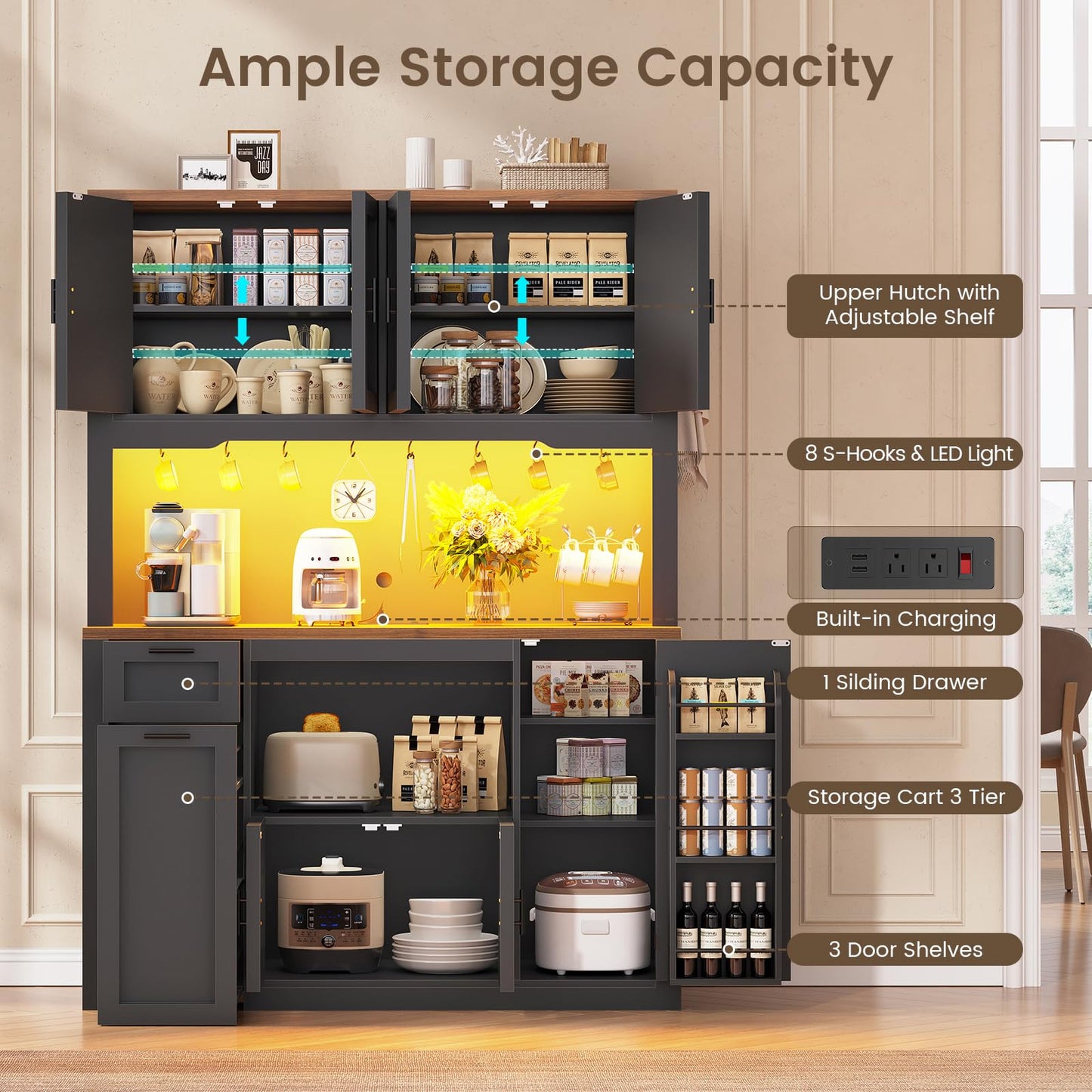 Itaar 71" Pantry Cabinet with Charging Station and LED Light, Kitchen Pantry Cabinet with Microwave Stand, 47.2" Wide Kitchen Storage Cabinets with Storage Cart 3 Tier for Dining Room, Black