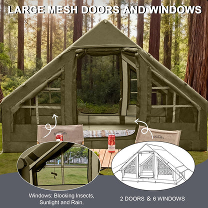 Inflatable Tents for Camping, 4-6 Person Easy Blow Up Tent with Hand Pump,4 Seasons Waterproof Air Inflatable Camping Tent House for Family Weekend Camping，Green