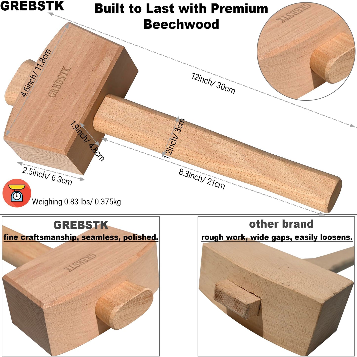 GREBSTK Beech Wood Mallet - Woodworking Hammer & Ice Crusher for Cocktails, Perfect for Chisels, DIY, Bar Tool, Polished Solid Hardwood, 12 Inch