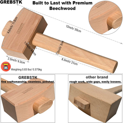 GREBSTK Beech Wood Mallet - Woodworking Hammer & Ice Crusher for Cocktails, Perfect for Chisels, DIY, Bar Tool, Polished Solid Hardwood, 12 Inch