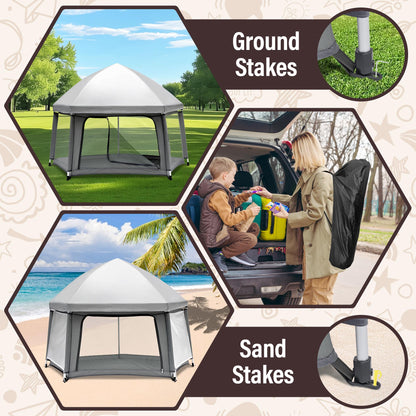 Baby Playpen with Self-Inflating Play Mat & Travel Bag, Portable Outdoor Playpen for Babies and Toddlers, Foldable Pop Up Play Tent for Home, Park, Beach and Camping (Grey)