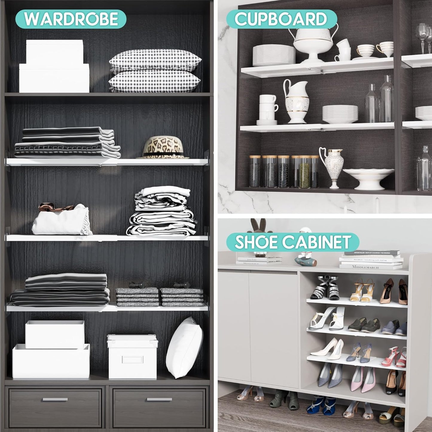 Expandable Closet Tension Shelves Organizers, Heavy-Duty Metal Adjustable Locker Shelf for Wardrobe, Pantry, Kitchen