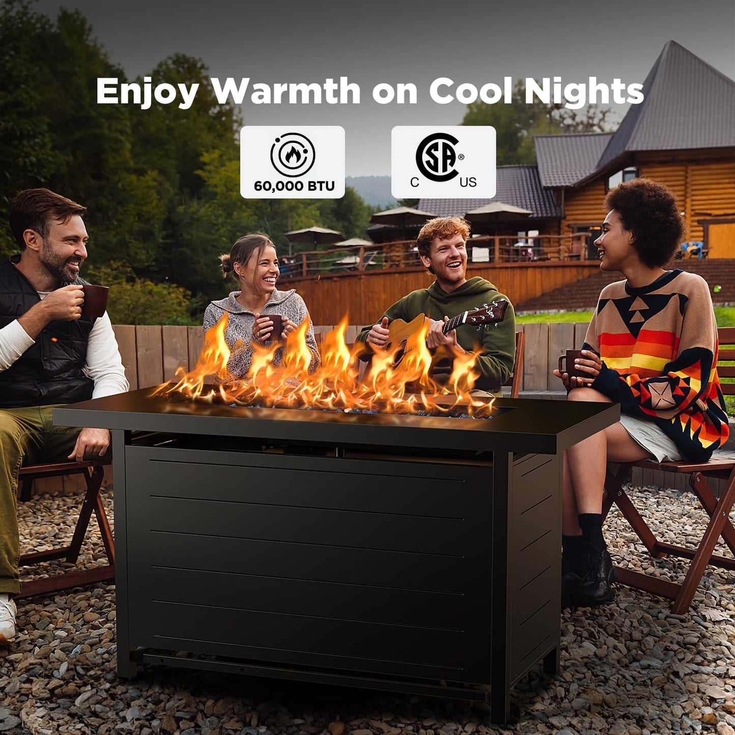 Ciays 43″ Propane Fire Pit with Glass Beads & Lid, 60,000 BTU CSA-Certified Gas Fire Pits with Cup Holders, Hanging Shelf & Nylon Cover, Large Fire Pit Table for Patio/Porch/Deck, Black