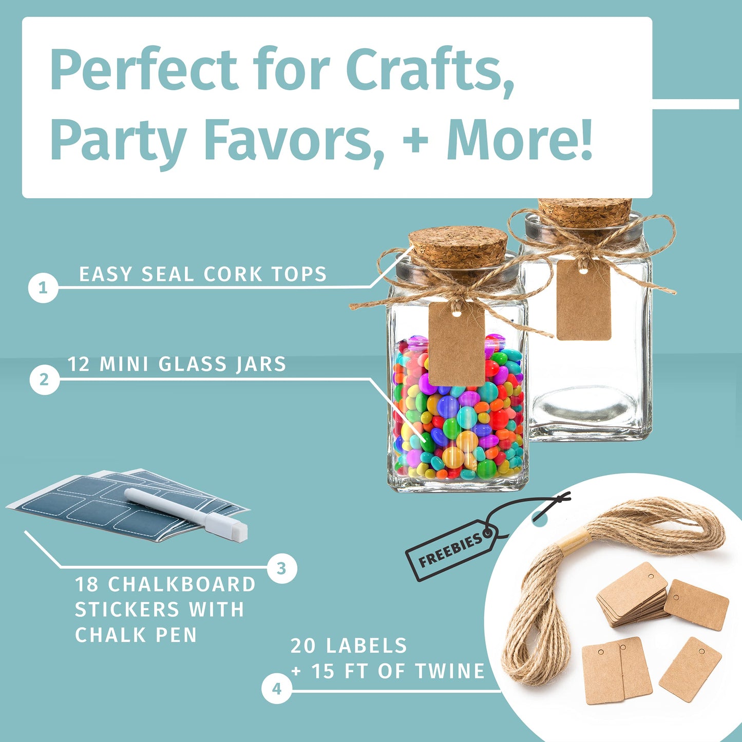 Square Glass Jars with Lids - Set of 12 Mini Glass Jars with Corks for Wedding & Party Favors, DIY Crafts, Potions, Spices & Candy, 3.4 oz