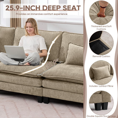 IPKIG 117" Modular Sectional Sofa, Chenille U-Shaped Sectional Couch Comfy Upholstered 3 Seat Sofa with 2 Ottoman, Deep Seat Cloud Couch Sofa for Living Room, Khaki