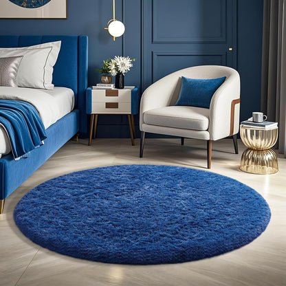 Ophanie Blue Round Rug - 4Ft Plush Circle Area Rug for Kids' Room | Soft Shaggy Carpet Decor