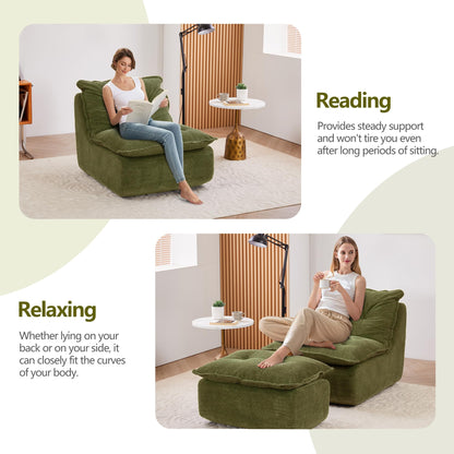 ENYLAY Single Chaise Lounge Chair, 62.2" Lazy Sofa Bean Bag Chair with Ottoman – Modern Boneless Floor Lounger for Bedroom or Living Room, Cozy Cloud Sleeper (Green)