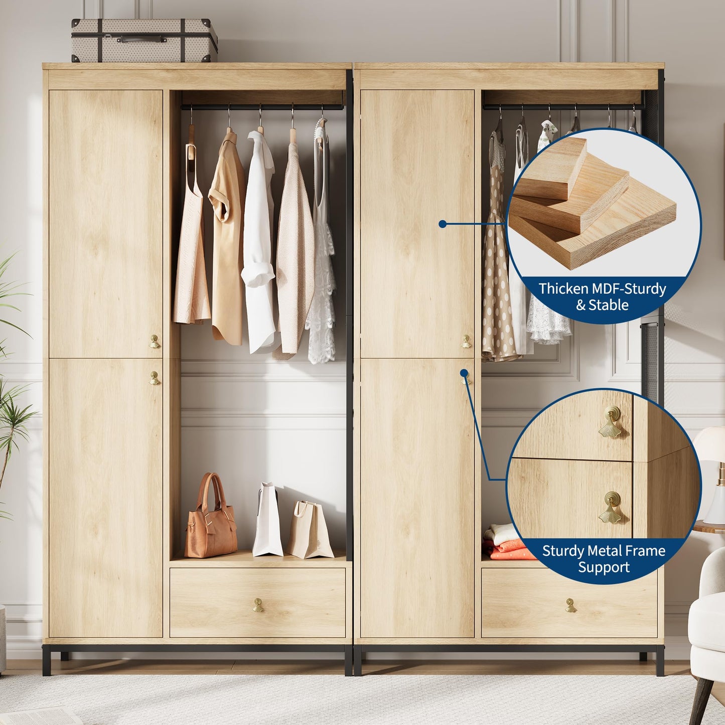 Modern Armoire Wardrobe Closet, Wood and Metal Frame Clothes Storage Organizer with Double Closed Doors, Open Hanging Rod, Bottom Drawer, Freestanding Bedroom Furniture for Small Spaces, Natural Oak