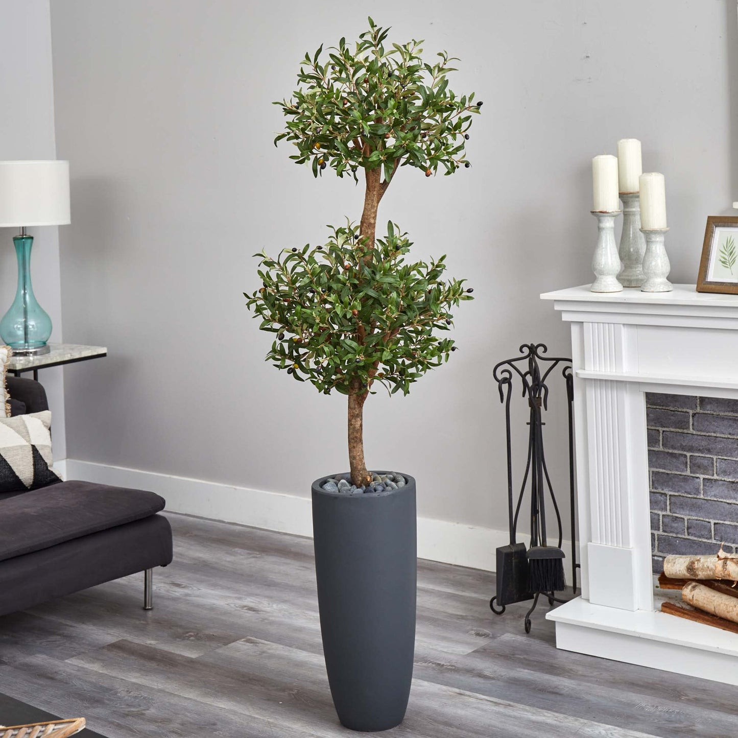 Nearly Natural 6ft. Olive Double Artificial Tree in Gray Cylinder Planter