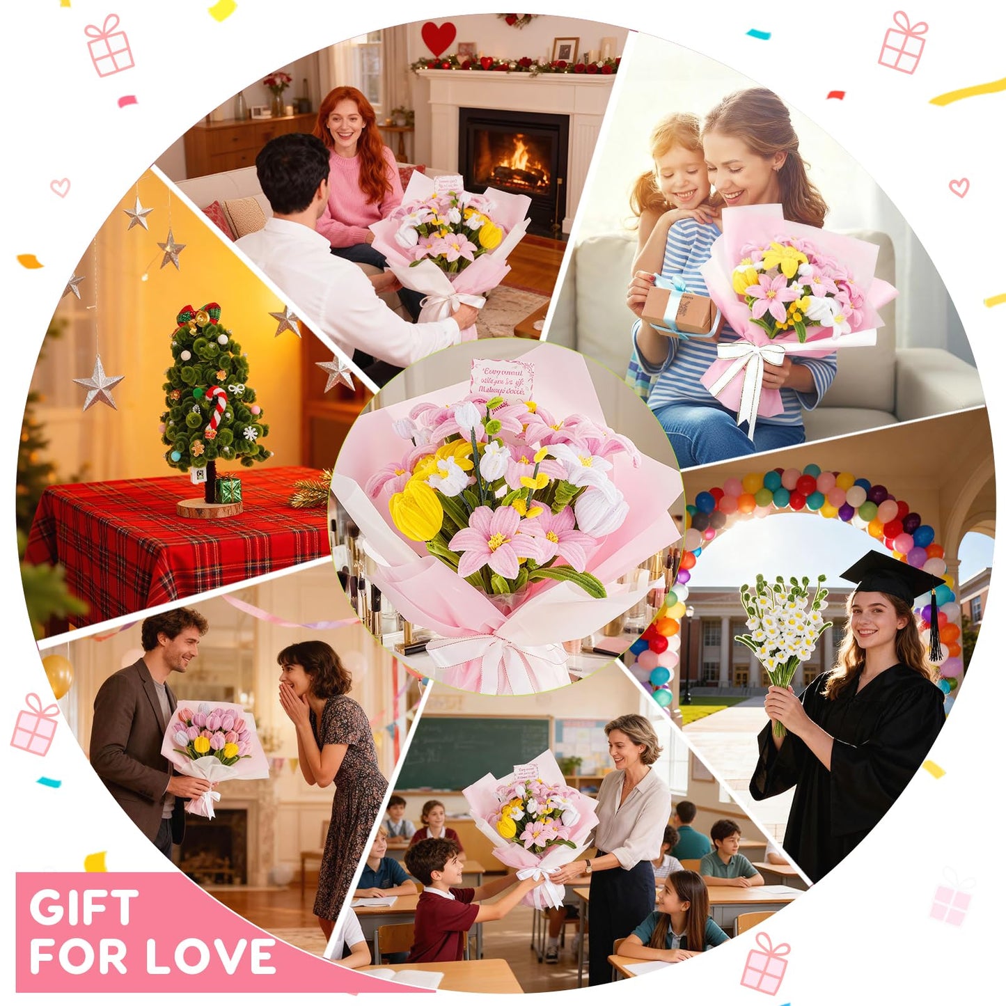600PCS Pipe Cleaners Craft, Pipe Cleaner Bulk Flower Kit, 6 Colors Chenille Stems Flower Making Kit with Floral Wires, Gardening Tape, Stamen, Floral Wrapping Paper & Ribbon for Art and Craft Supplies