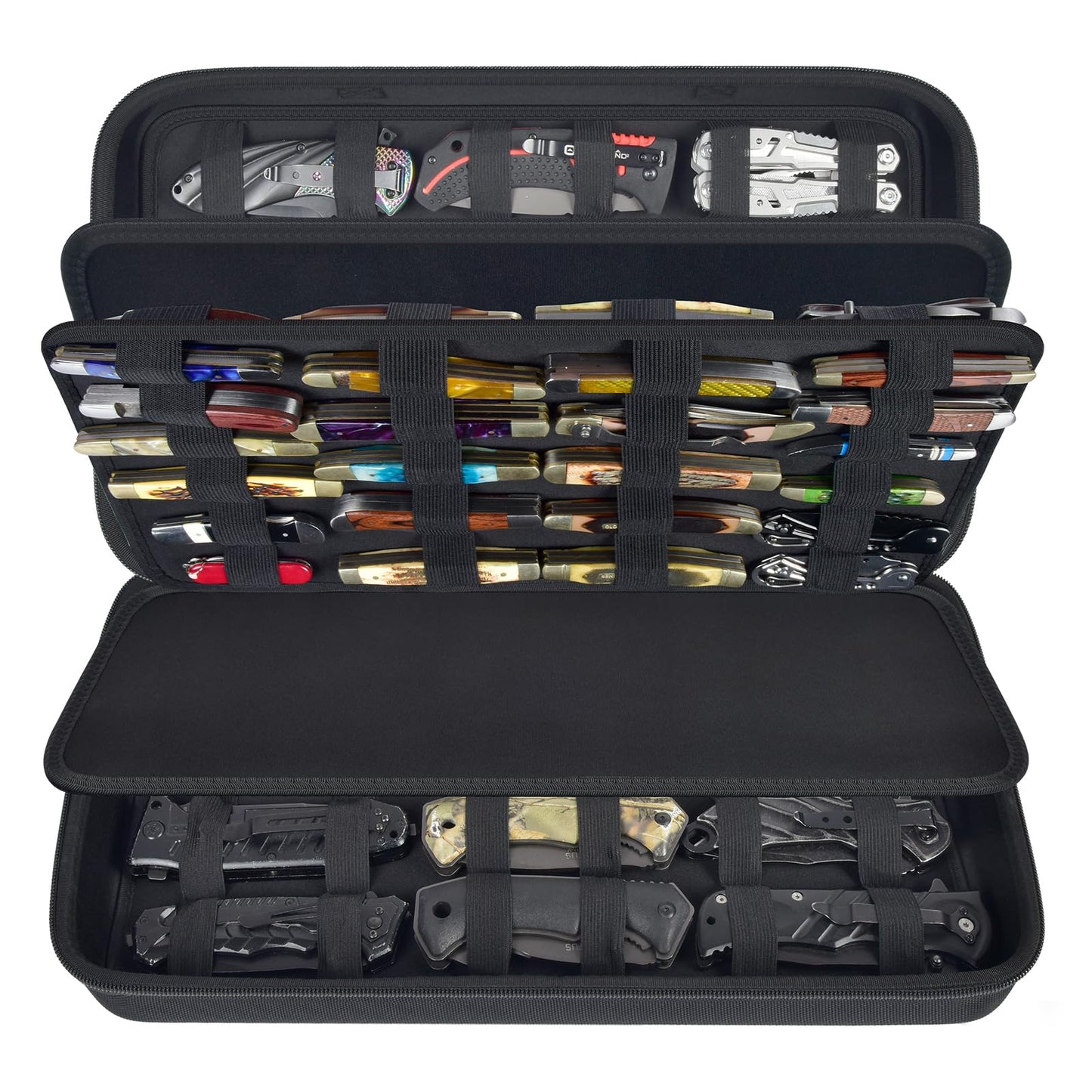 Display Case for 66+ Pocket Knives. Folding Knife Holder, Butterfly Knives Storage Organizer, Knives Roll Collection Pouch Carrier Bag for Survival Tactical Outdoor for EDC Mini Knife (Box Only)