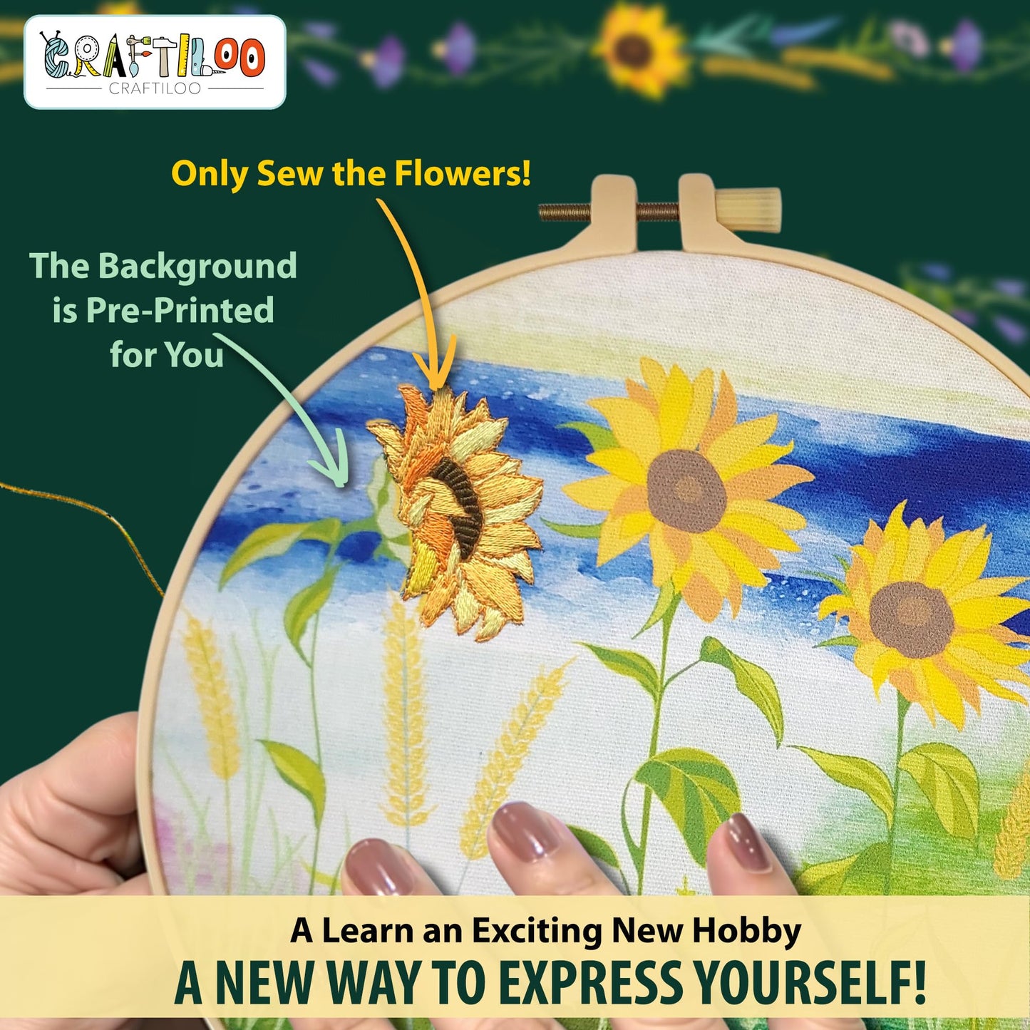 CRAFTILOO Embroidery Kit for Beginners Adults — 4 Floral Stamped Patterns, Learn 17 Stitches | Complete Needlepoint Kit with Hoop, Needles, Thread & Video Tutorial | Embroidery Kits for Adults Women