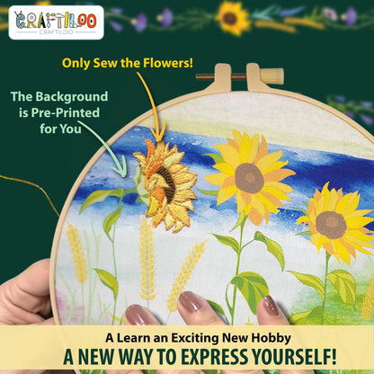 CRAFTILOO Embroidery Kit for Beginners Adults — 4 Floral Stamped Patterns, Learn 17 Stitches | Complete Needlepoint Kit with Hoop, Needles, Thread & Video Tutorial | Embroidery Kits for Adults Women