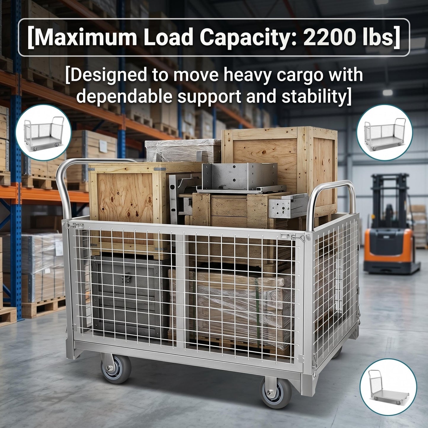 4-in-1 Platform Truck Cart with Cage, Heavy Duty Foldable Flatbed Push Cart with Swivel Casters, 2200 LBS Steel Load Capacity for Warehouse Commercial Industrial Cargo Storage & Transport