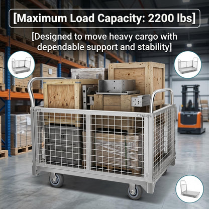 4-in-1 Platform Truck Cart with Cage, Heavy Duty Foldable Flatbed Push Cart with Swivel Casters, 2200 LBS Steel Load Capacity for Warehouse Commercial Industrial Cargo Storage & Transport
