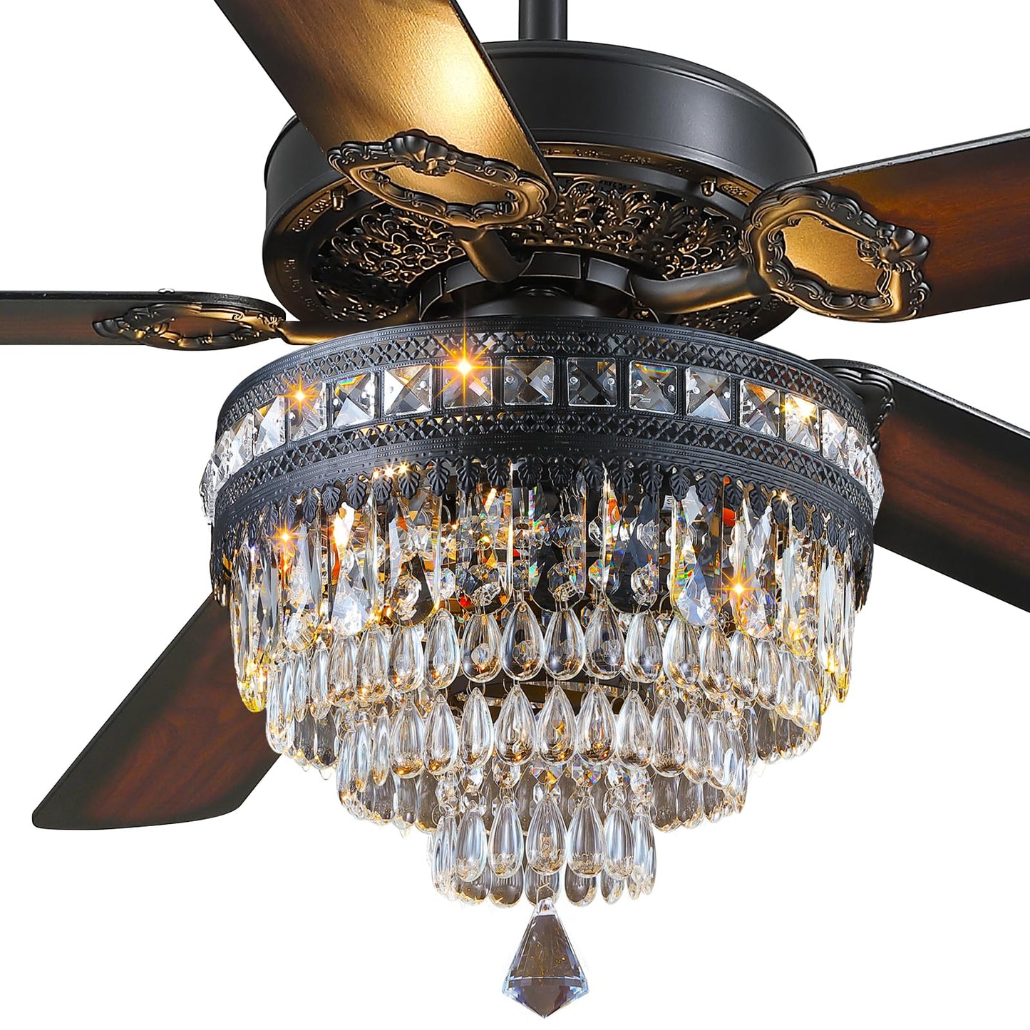 Asyko 62" Crystal Ceiling Fan Fandelier with Lights - Black Modern Crystal Chandelier Fans with Remote Control，Noiseless DC Motor, Retro/Farmhouse Lighting, Dining Room， Living Room