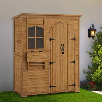 Macrout Outdoor Storage Cabinet with 3 Shelves (4.8 x 2.1 x 6.2 ft), Wood Storage Shed with Roof, Tall Garden Shed with 1 Foldable Table for Yard Patio Lawn, 1815