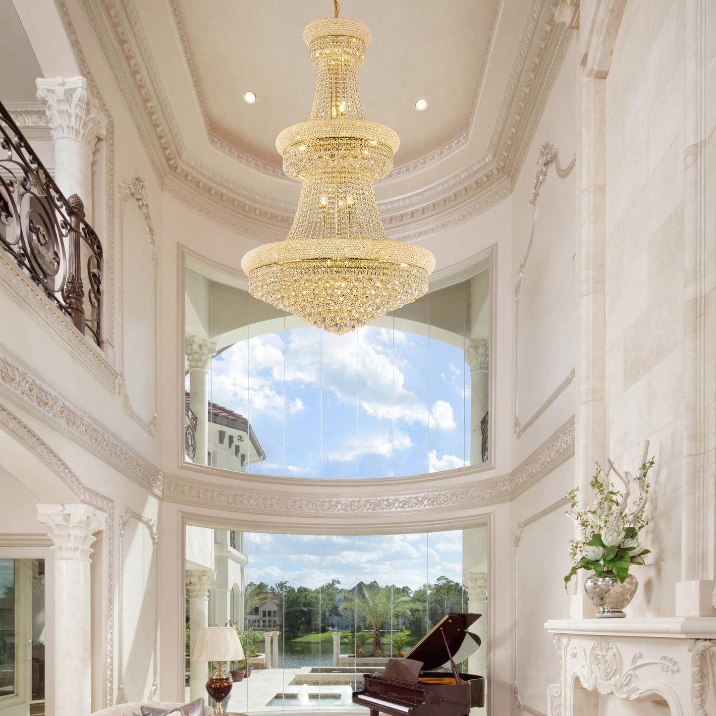 Homeooze 31 - Light Large Empire Crystal Chandelier for High Ceiling Foyer Entryway Staircase Living Room Dining Room Gold Finish