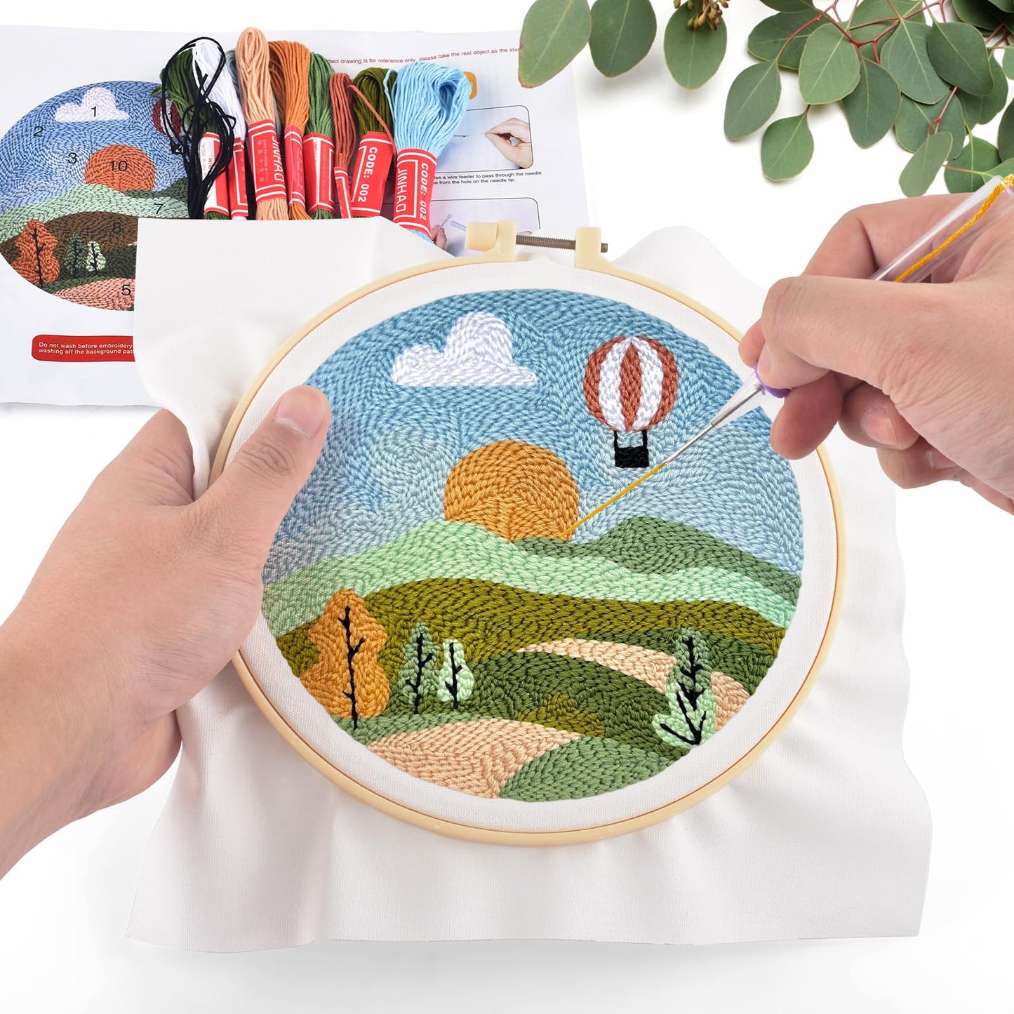 ERKOON Punch Needle Kit Adults Beginners, DIY Easy Landscapes Embroidery Set for Starter Art Craft, Needling Punch Project with Patterns, Tools, Yarns, Hoop, Instruction (Spring)