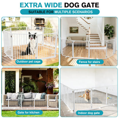 Snagle Paw Extra Wide Dog Gate,Free Standing Dog Fence with Door, Up to 208 Inch Wide Pet Gate with Support Feet for Stairs, Hallways, Doorways, Yard (White, 8 Panels)