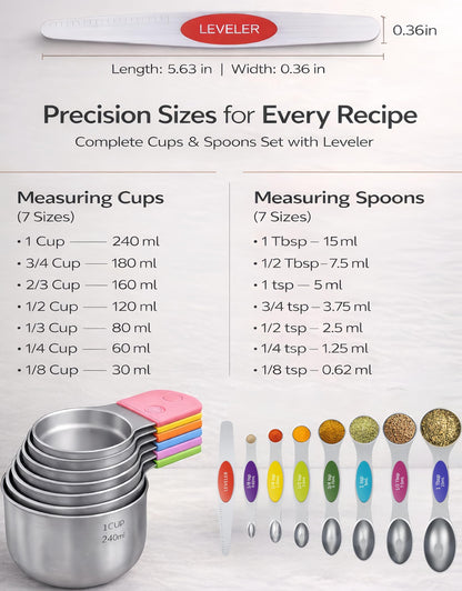 HOWGOODY Magnetic Measuring Cups and Spoons Set304 Stainless Steel Dual Scale Set of 15, Strong N52 Magnetic Nesting Design with Leveler, for Dry&Liquid Ingredients, Dishwasher Safe(Colorful)