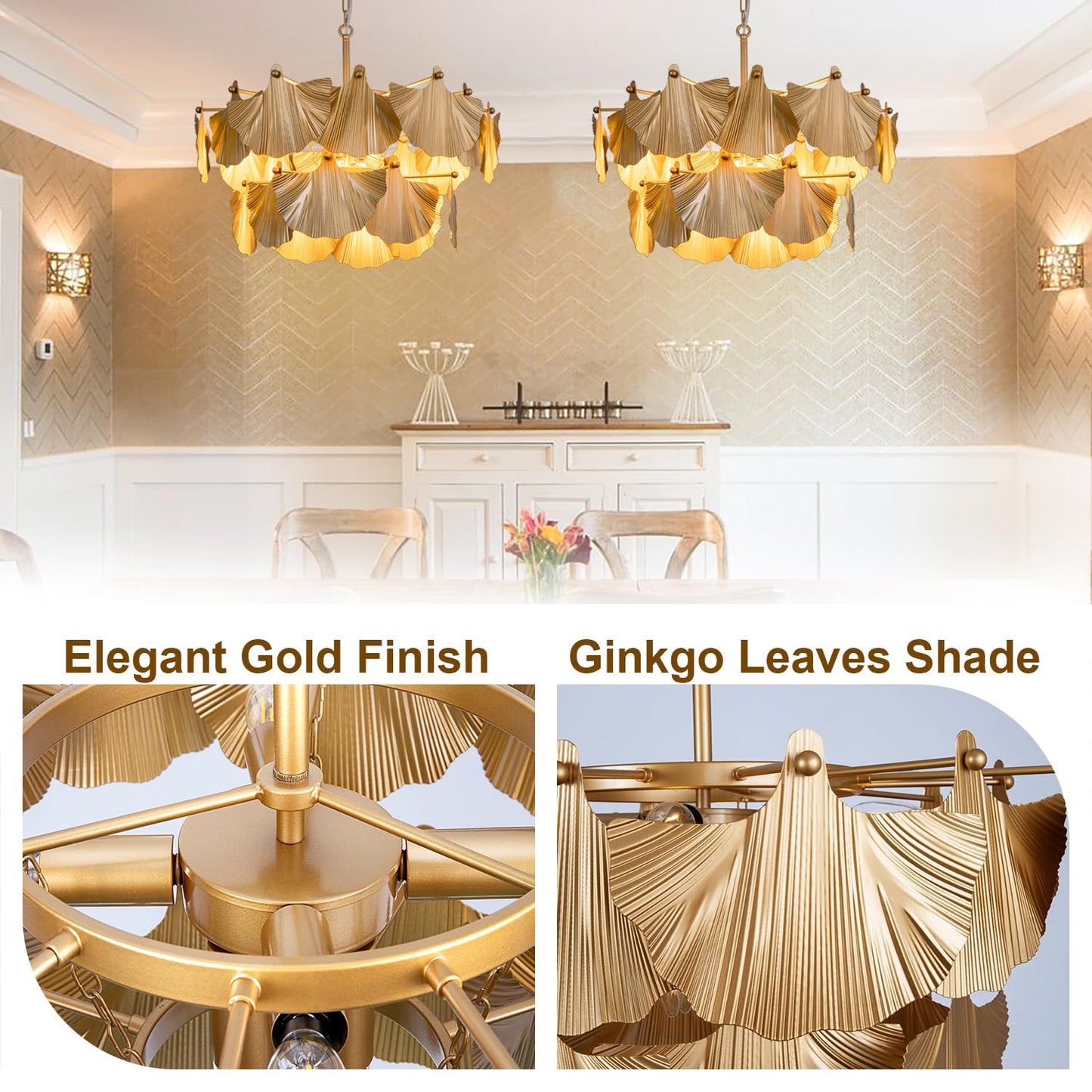 TOCHIC Gold Vintage Chandelier, 8 Lights Rustic Chandeliers for Dining Room, Modern Farmhouse Chandelier with Ginkgo Leaves, Ceiling Light Fixture for Living Room Bedroom Entryway W-25.98"
