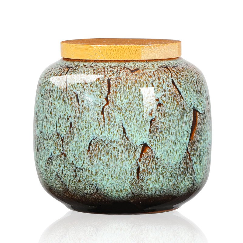 TkoYuHm 6oz Flambe Glaze Ceramic Loose Tea Canister Vintage Storage Jars with Airtight Wooden Lid Green Matcha Tin Container for Coffee Beans Condiments