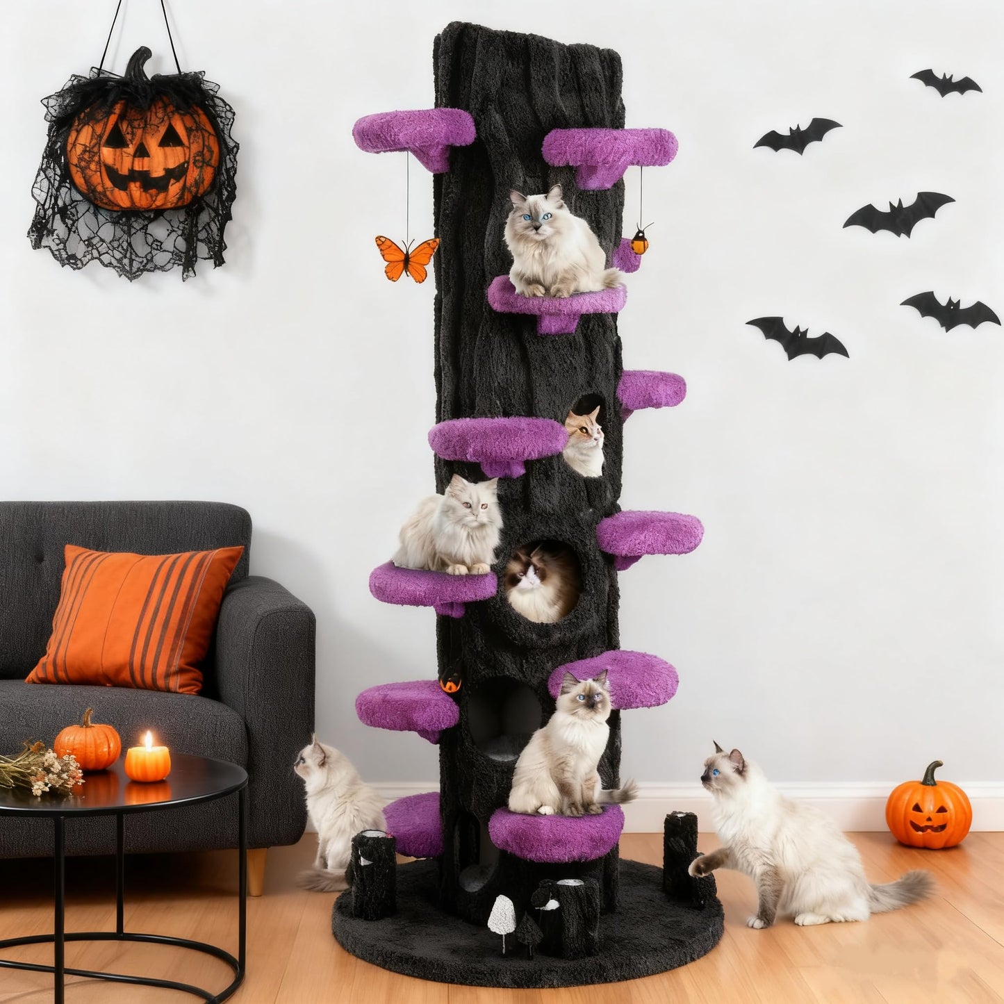 KAMABOKO 90.5" Tall Cat Tree for Indoor Cats, Large Cat Tower with Luxury Cat Condo, Cat Tree Tower with Soft Cushion, Scratching Board, Plush Platform＆ Top Perch, Purple