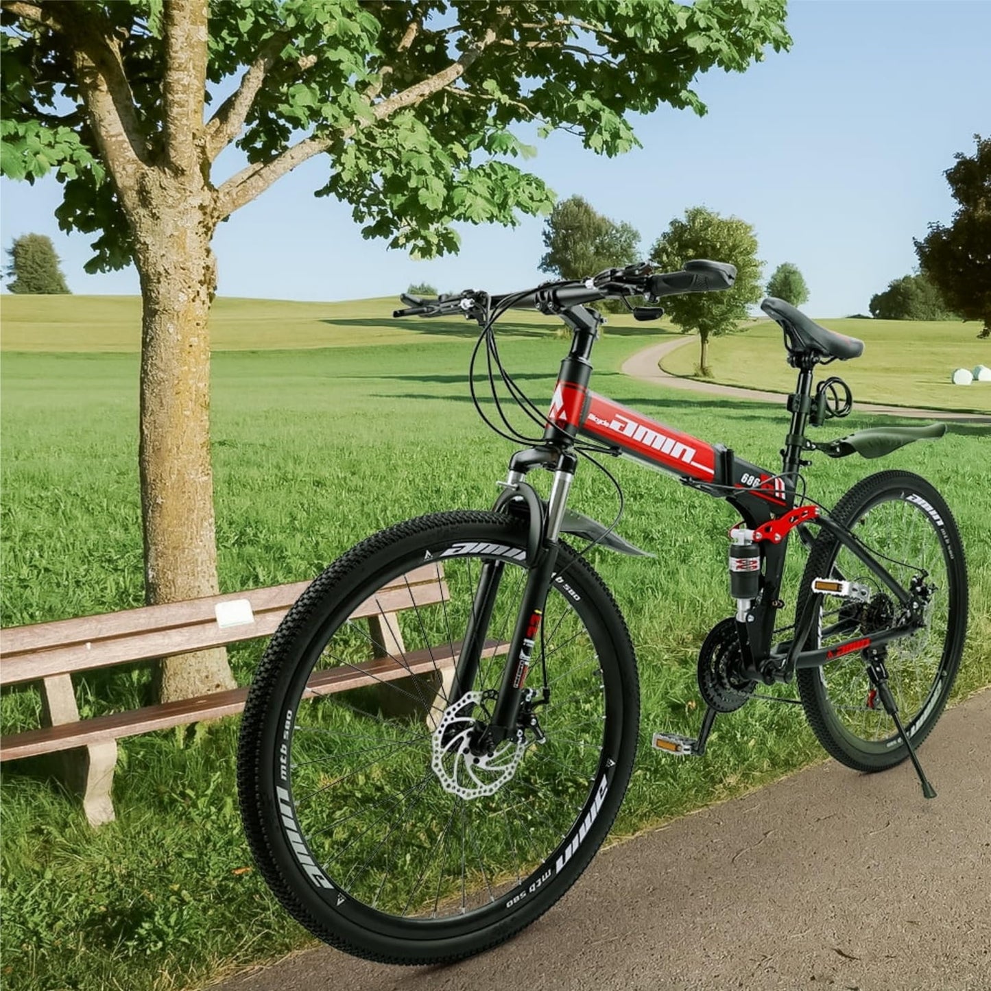 Bruce & Shark 26" Folding Mountain Bike for Men, 21 Speeds Full Suspension Commuter Bicycle, High Carbon Steel & Disc Brakes, Portable City Outdoor Bike for Adult Youth Teen