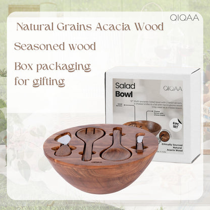 Beautiful Salad Bowl 12x12x4.75" Wood Bowl with Herringbone Inlay Lid, Salad Servers, and Cheese Knives Salad Bowls with Lids Wooden salad bowl with serving utensils |Designed in USA Handmade in India