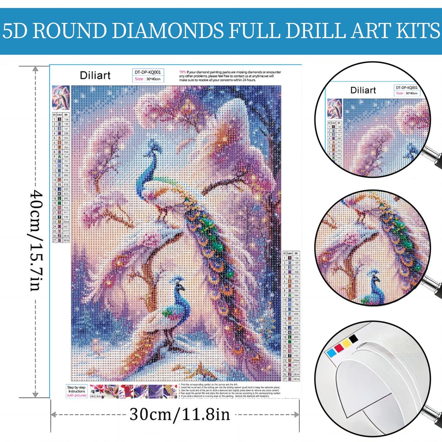 Diliart Pink Peacock DiamondPainting Set - 5D Full Diamond DIY Gem Art for Beginners - Sparkling Rhinestone Diamond Art Crafts Set - Relaxing Hobby for Home Wall Decor - Christmas Gift 12x16 Inch