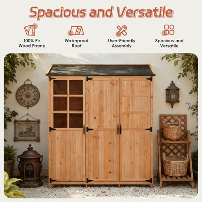 Merax Outdoor Wood Large Patio Garden Storage Shed with Waterproof Roof, 3 Doors Storage Cabinet with Workstation, 7 Storage Shelves, 2 Drawers and 6 Hooks for Backyard, Natural
