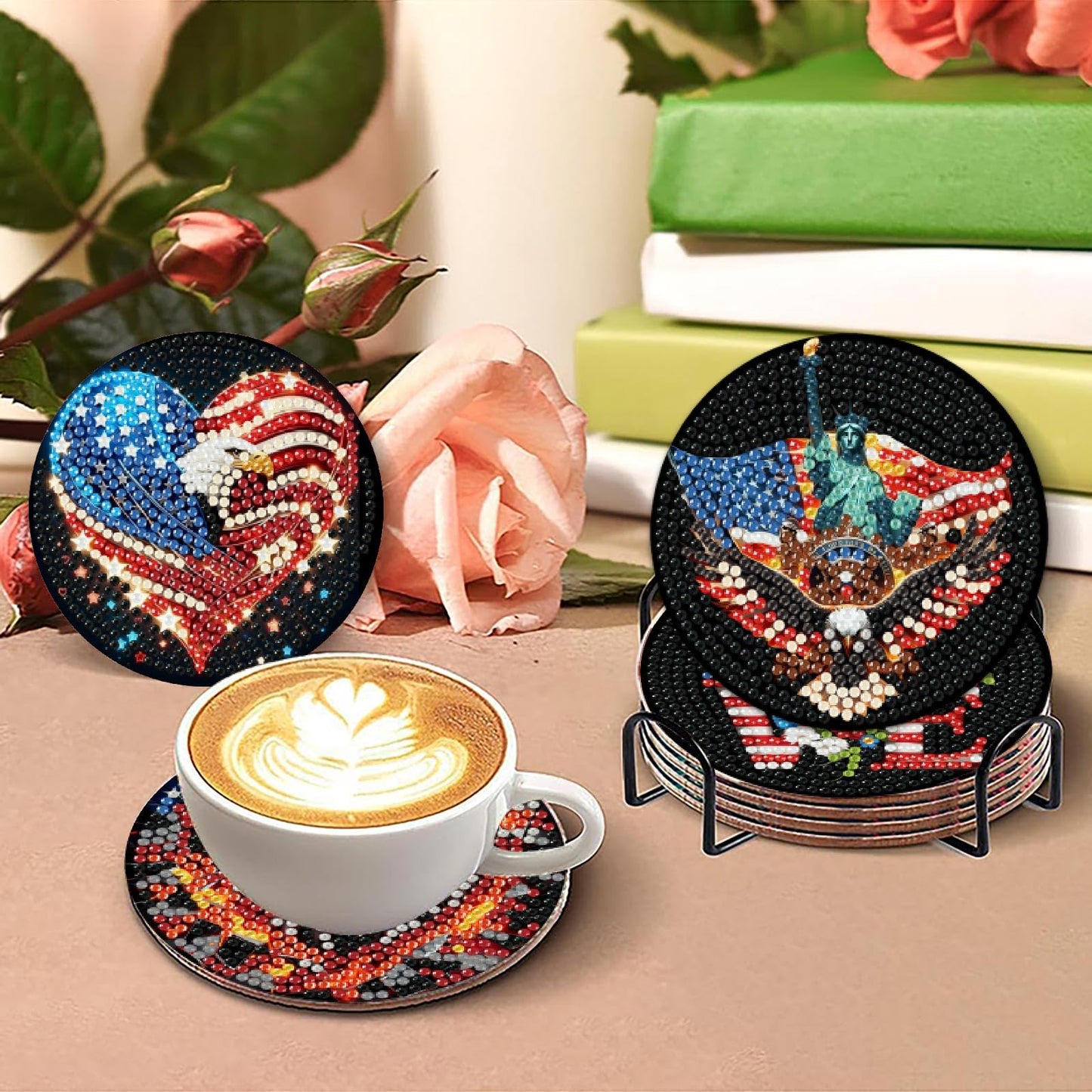 8 Pcs Ameriacn Flag Eagle Diamond Art Coasters Kits for Adults,DIY 4th of July Crystal Diamond Painting Coaster Kits with Holder, Independence Day Coasters Craft Supplies for Decor Gifts