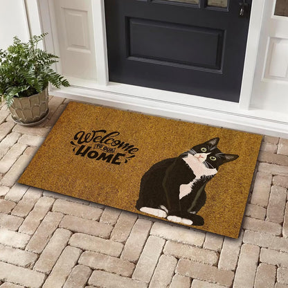 Welcome to Our Home Black Cat Doormat, Cat Lovers Decorative Welcome Mats, Non-Slip Absorbent Mud Trapper 16x24 Inch