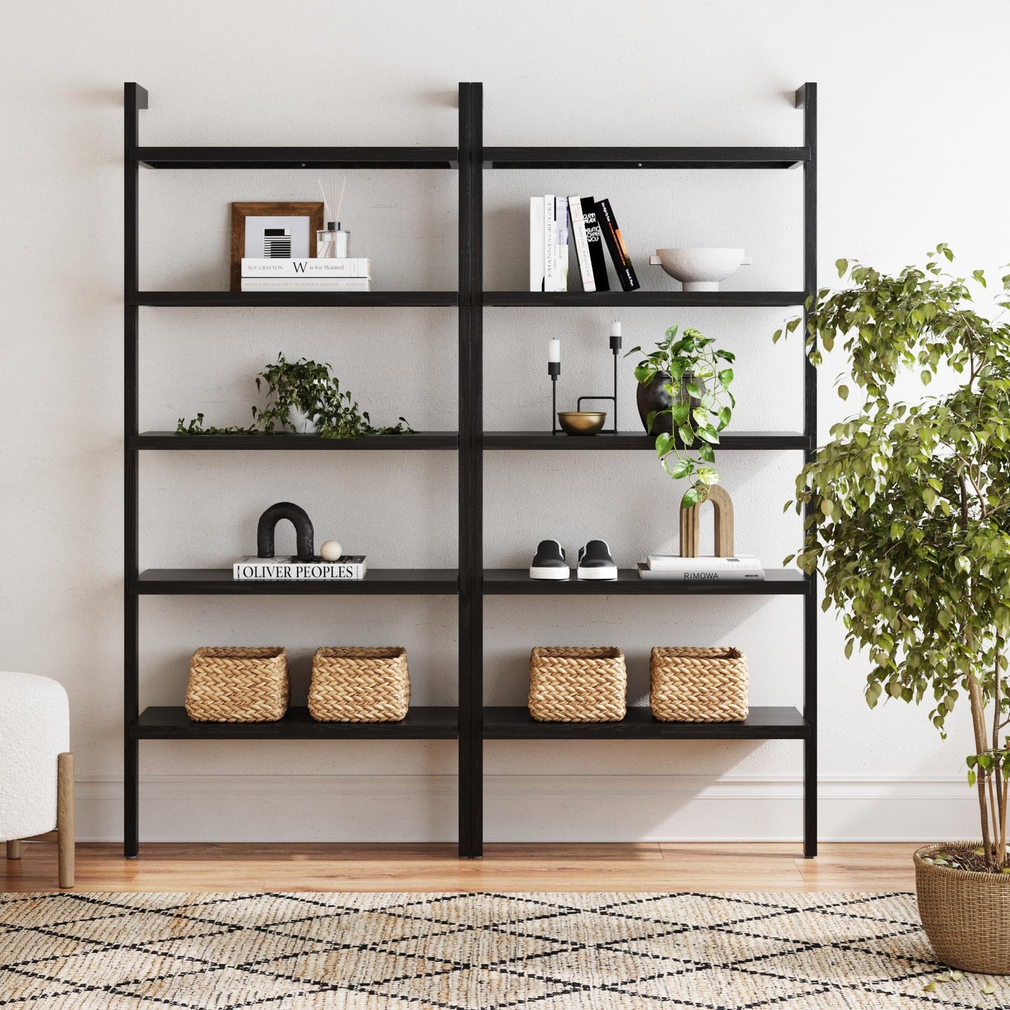 Nathan James Beacon Bohemian 5 Tier Bookshelf, Wall Mounted Bookcase, Solid Wood Bookshelf in Black Oak, Set of 2