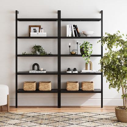 Nathan James Beacon Bohemian 5 Tier Bookshelf, Wall Mounted Bookcase, Solid Wood Bookshelf in Black Oak, Set of 2