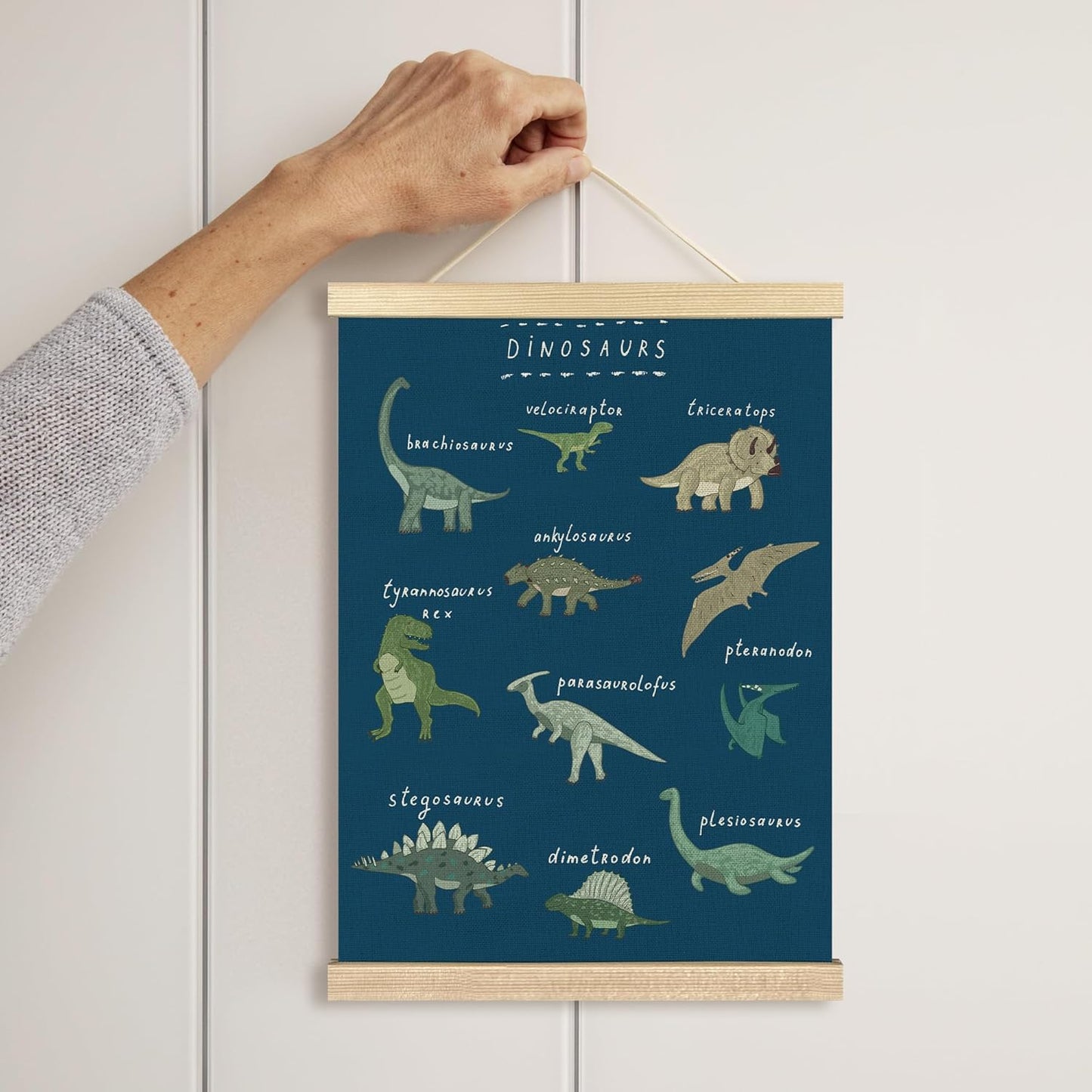 12x16 Inches BCUANGD Dinosaur Dino Wall Decor - Dark Blue Baby Toddler Boys Room Wall Art Poster Hanger with Wood