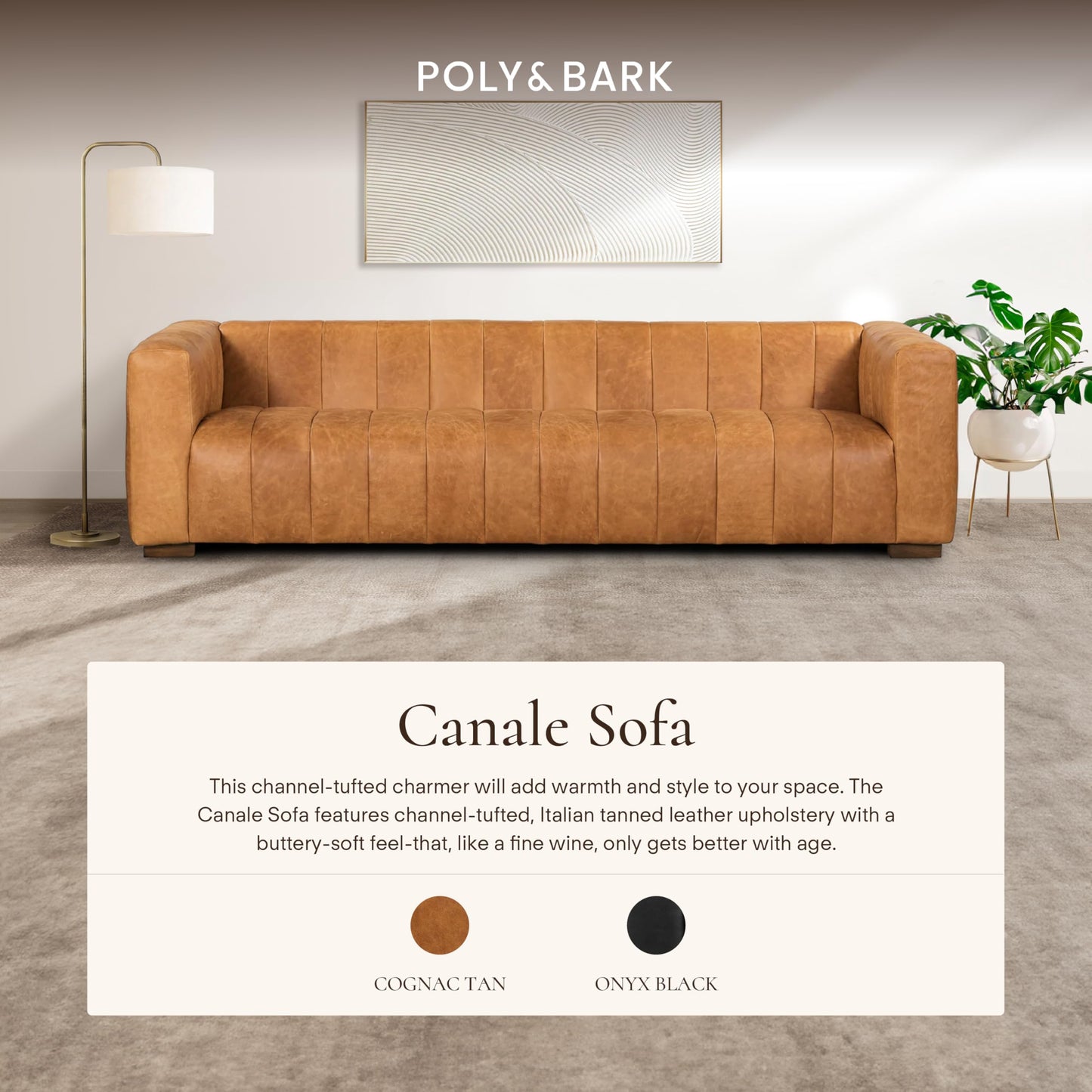 Poly & BARK Canale 99” Sofa – Modern 3-Seater Couch for Living Rooms – Performance Fabric Upholstery, High-Density Foam Cushions, Tapered Legs, Minimal Assembly – Cognac Tan