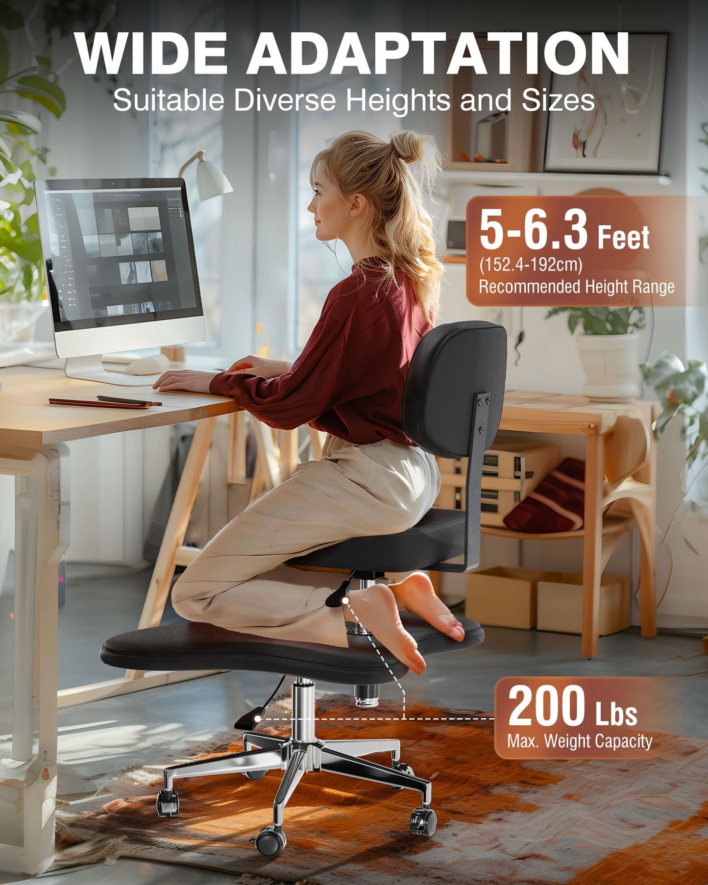 PYY ADHD Chairs for Adults - Meditation Cross Legged Office Chair with Wheels, Ergonomic Squatting Kneeling Fidget Chair with Lumbar Back Support Adjustable Height for Home Office