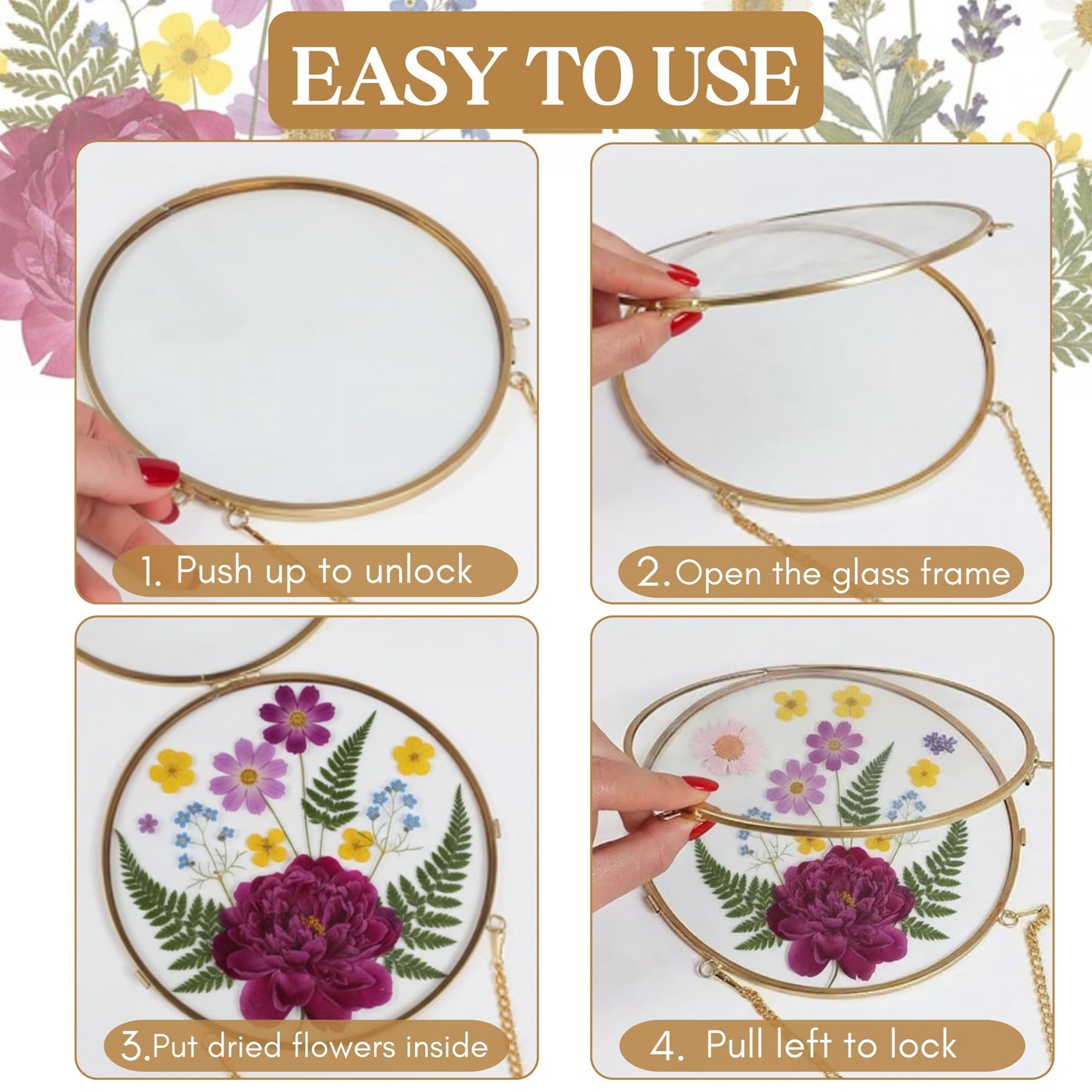 Beedecor Round Pressed Flower Glass Frame with Hanging Chain – Real Dried Flowers Arranged in Crescent Shape | Double Glass Floating Frame Wall Décor | Boho Home & Gift Decoration